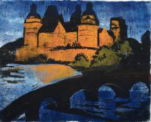  Gunter Ullrich, Schloss Johannisburg mit Willigisbrücke, Holzschnitt, aquarelliert auf Japanpapier, 1966 © Museen der Stadt Aschaffenburg